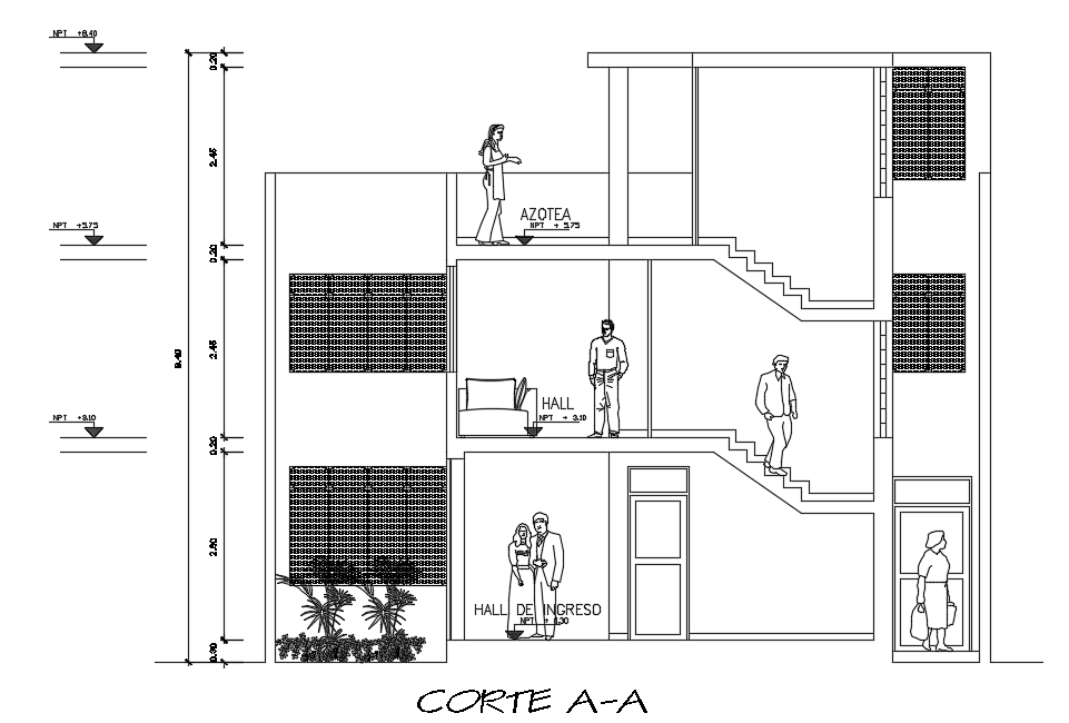 The front cut section view of the 10x30m house building drawing is ...