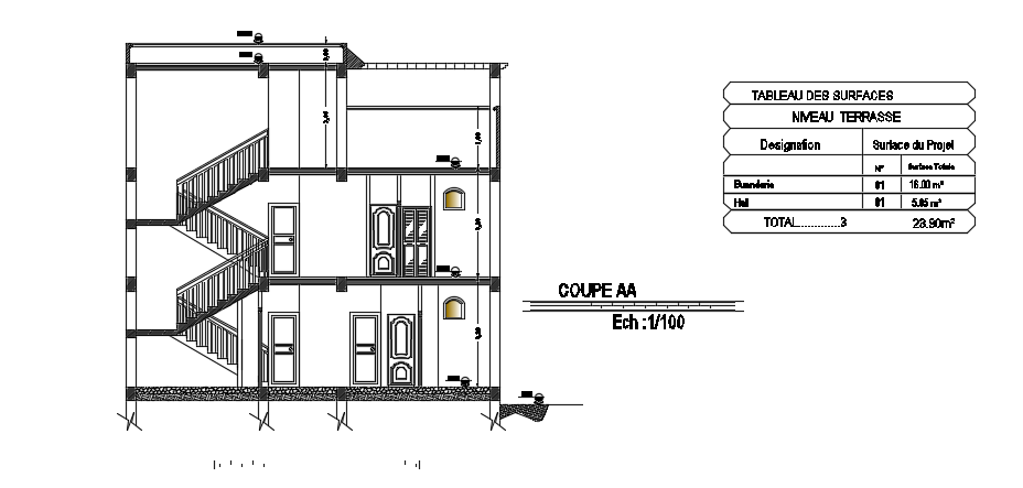 The front cut section view of the 11x14m house building cad drawing ...