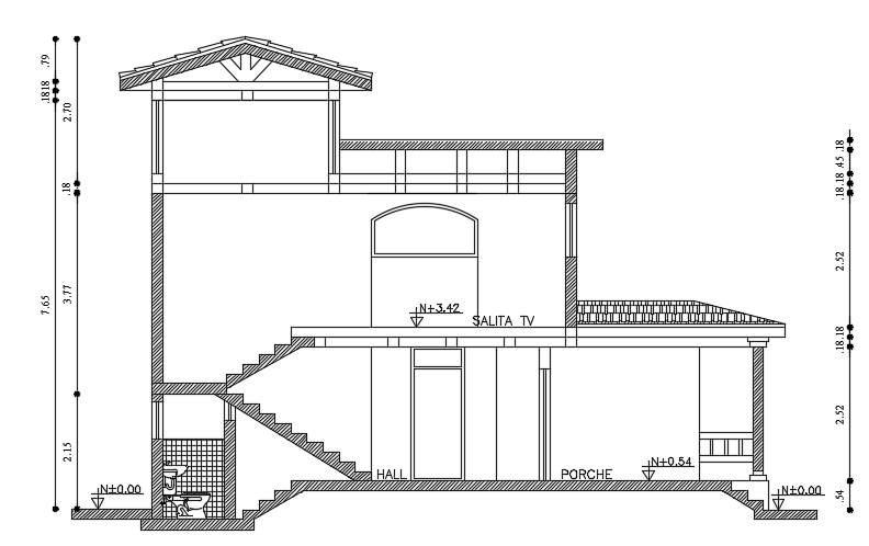 The front cut section view of the 11x24m house building - Cadbull