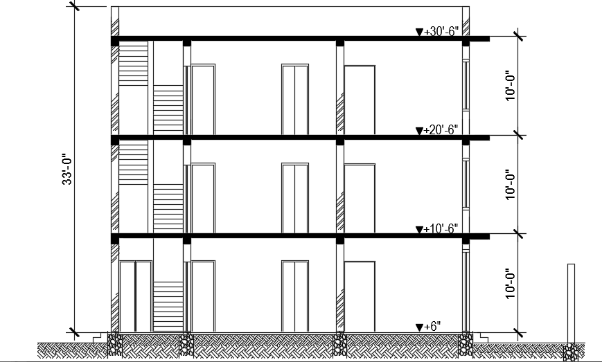 The front cut section view of the 41x36 feet three story house building ...