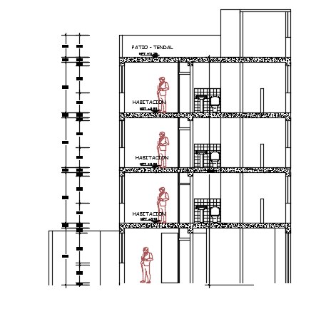 The front cut section view of the 6x24m four story apartment building ...