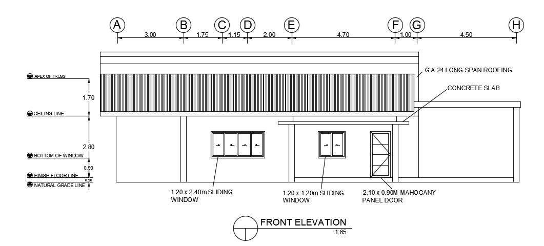 The front elevation of door and windows of the 18x13m house building ...