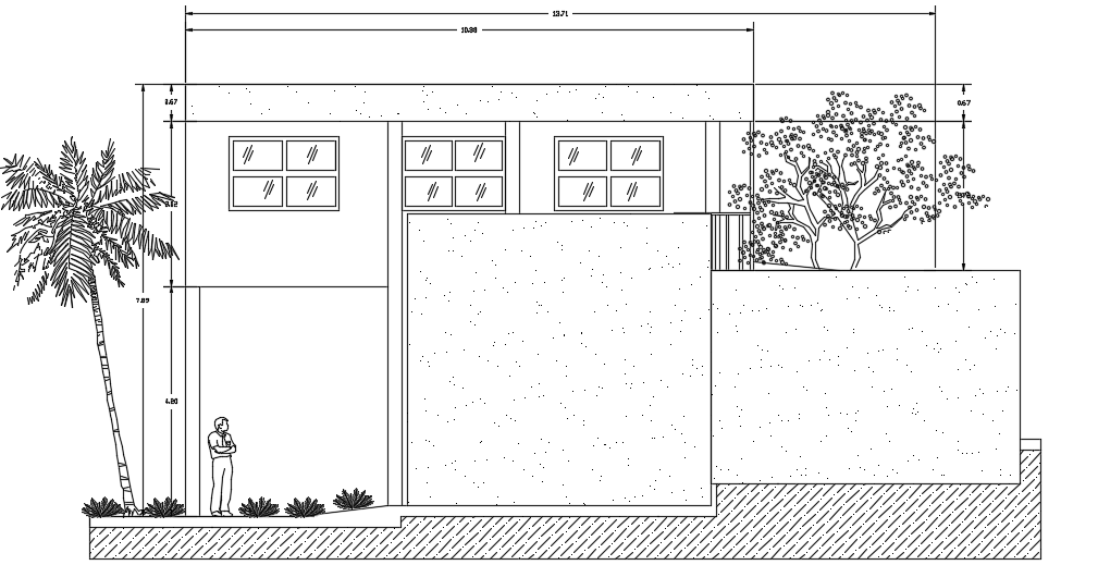 The front elevation view of the 14x23m single family house building ...