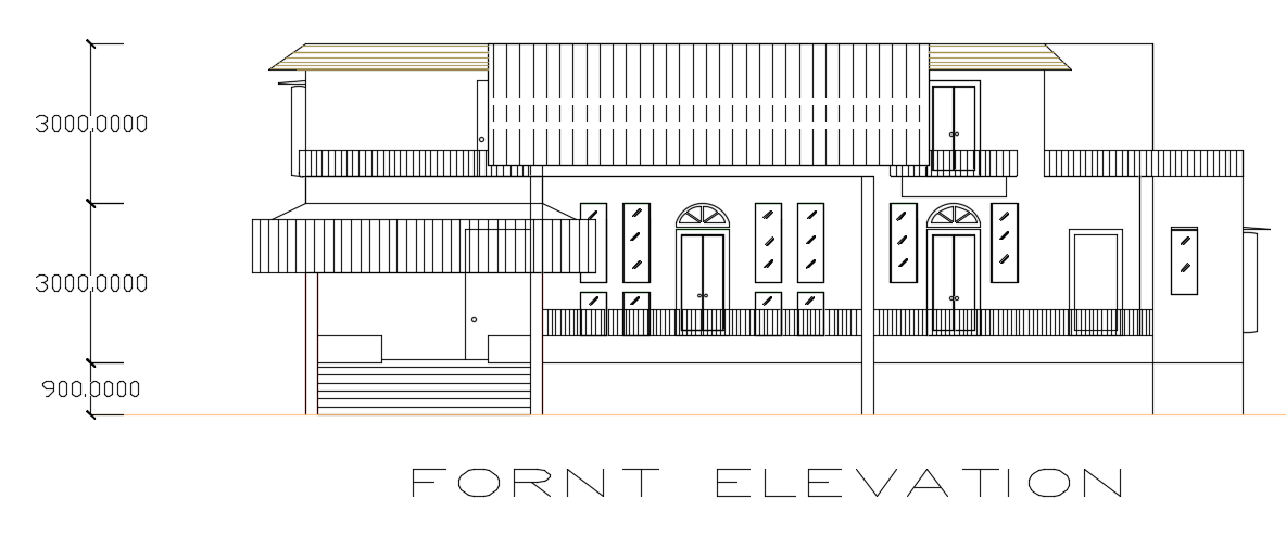 The front elevation view of the 16x18m house building AutoCAD drawing ...