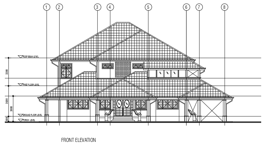 The front elevation view of the 21x22m bungalow house building - Cadbull