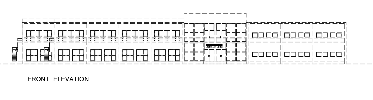 The front elevation view of the 77x65m school building 2d AutoCAD DWG ...