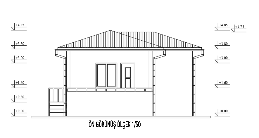 The front elevation view of the 9x7m bungalow house building drawing ...