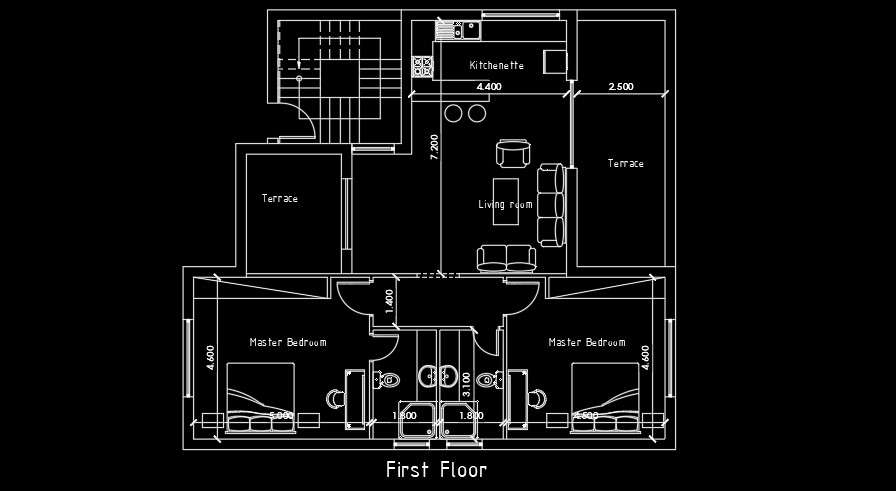 The Furnitures Layout Of The13x12m 2bhk First Floor House Plan Cadbull