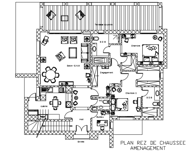 The Furnitures Layout Of The 16x15m Ground Floor House Plan Cadbull