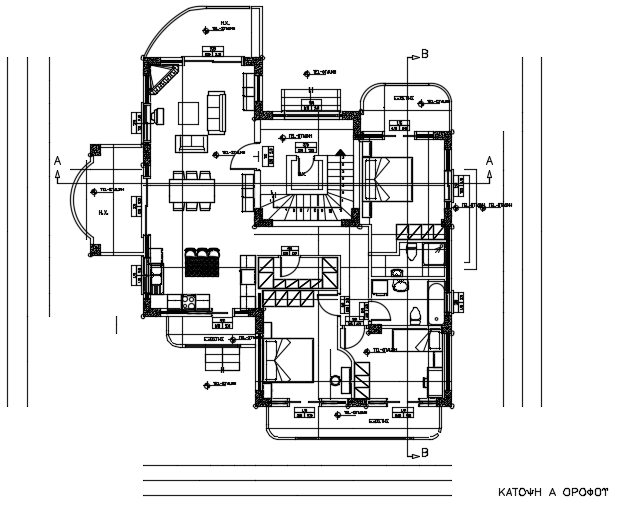 The furniture’s location of the 12x13m house plan AutoCAD 2d drawing