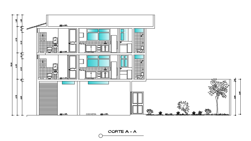 The lateral section view of the 7x11m house building - Cadbull