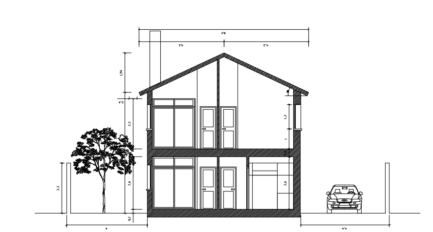 The left side section view of the 14x16m two story duplex house