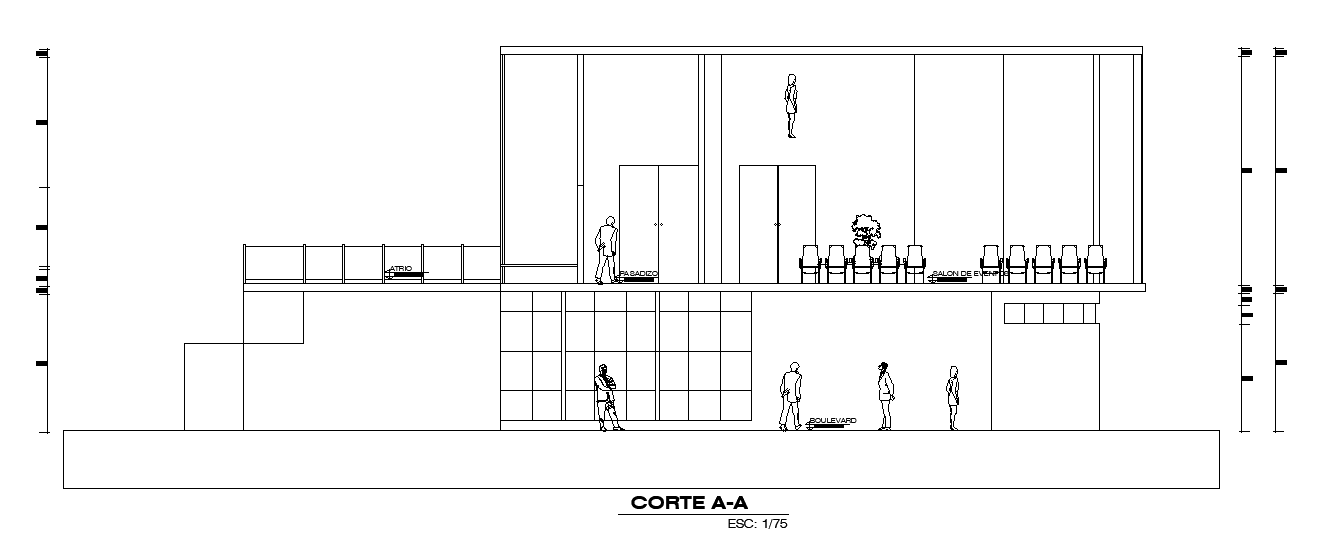 The left side section view of the 30x15m club house event hall plan ...