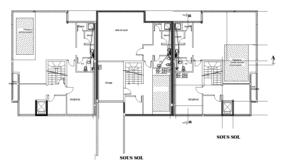 The Plumbing Layout Of The 32x13m Ground Floor Row Villa House Plan Is Given In This Autocad