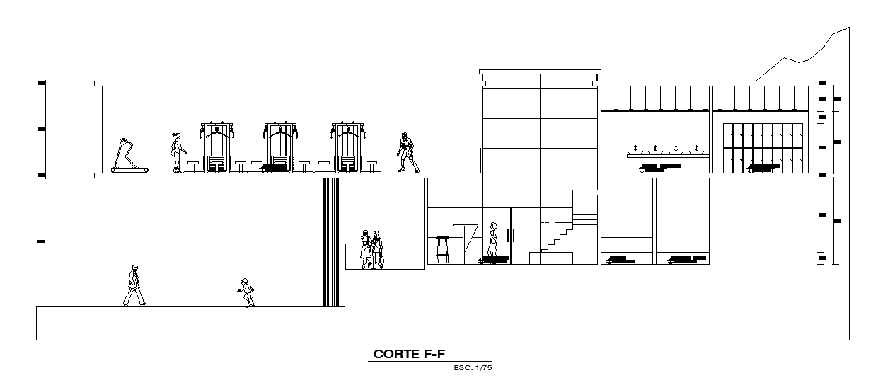 The section view of the 38x10m club house gym 2D DWG AutoCAD file - Cadbull