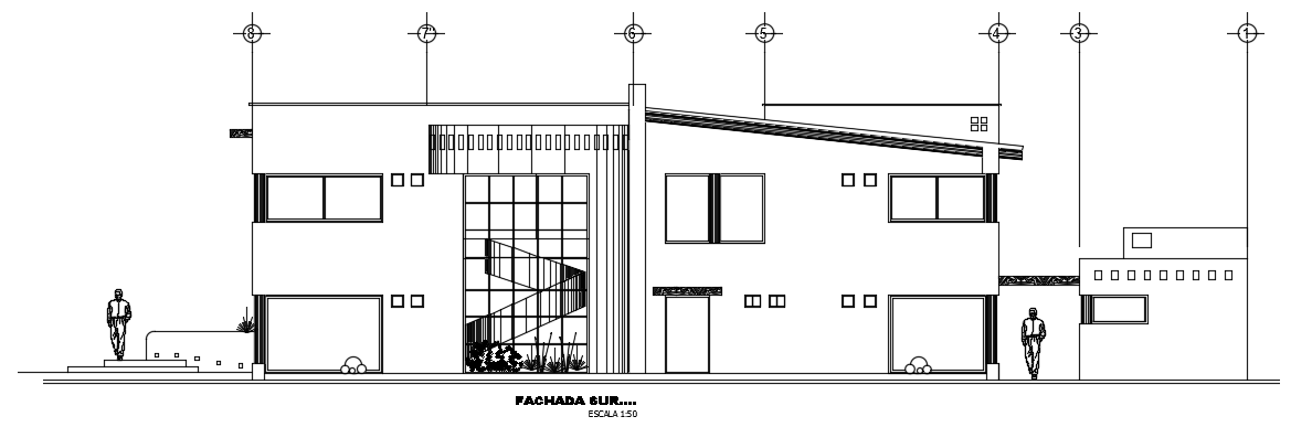 The south side elevation view of the 11x22m villa building AutoCAD 2D ...