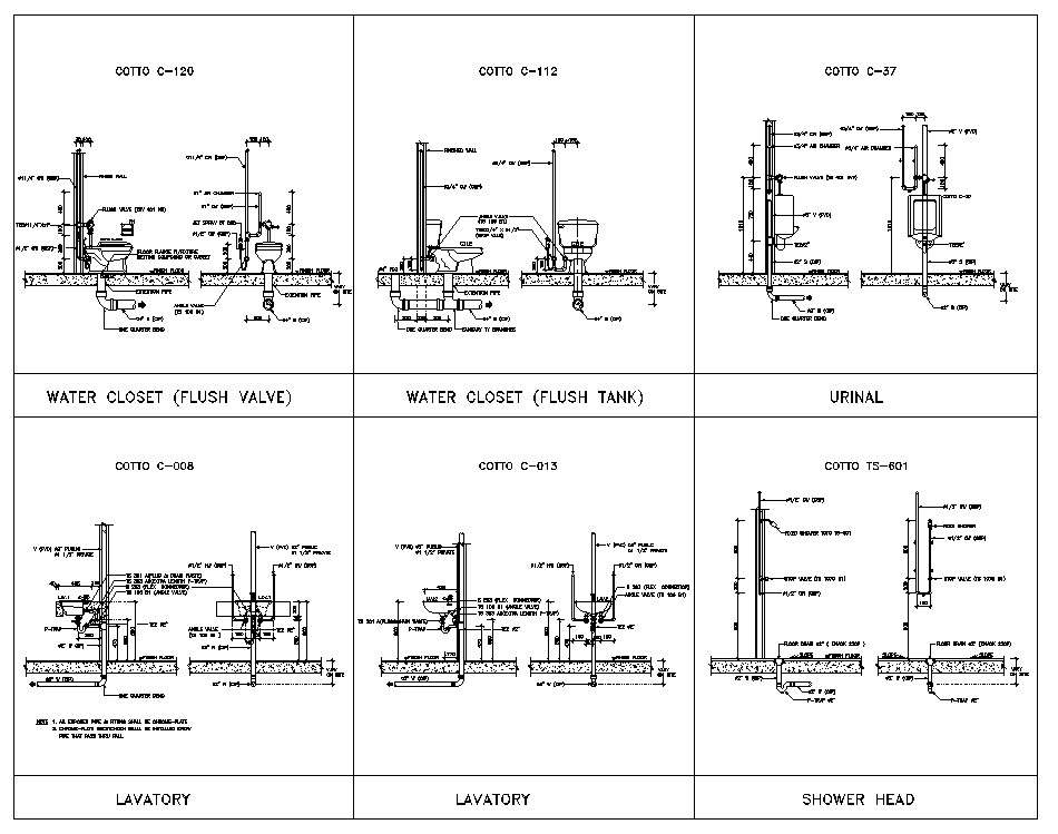 The water closet of the flush valve and flush tank typical section