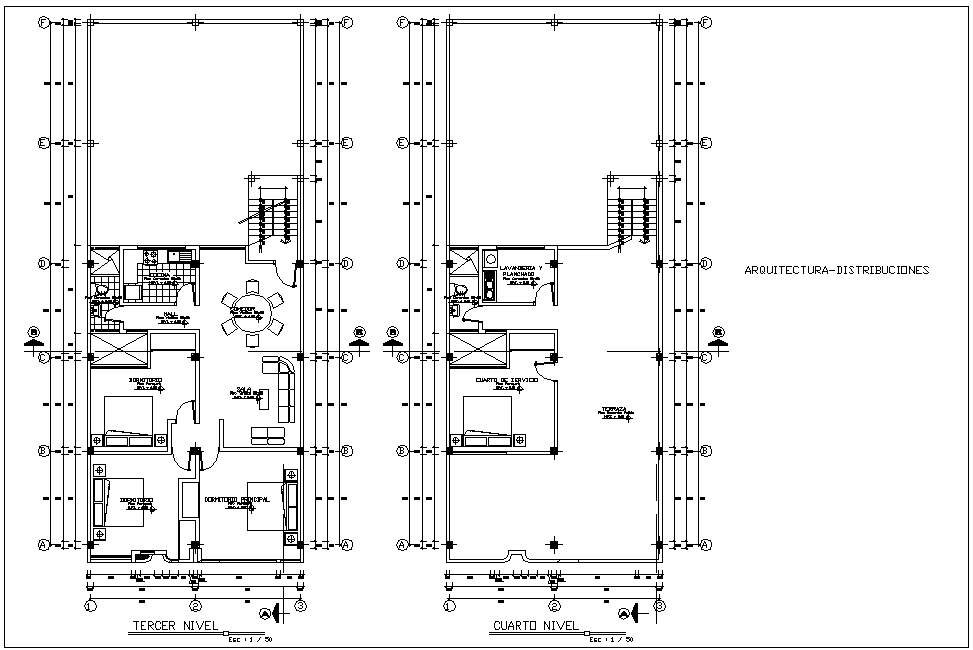 Third and fourth floor plan of four level house with architecture view dwg  file - Cadbull