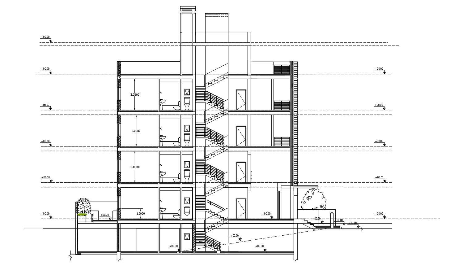Three Story Apartment Section Design AutoCAD File Free