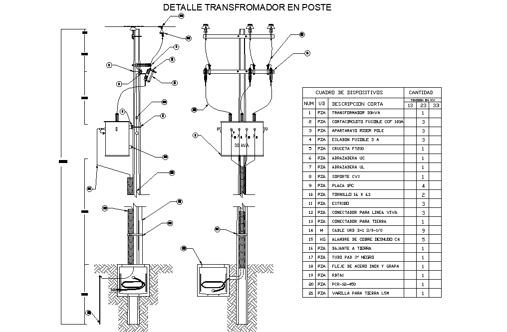 Three phase transformer pole autocad file Cadbull