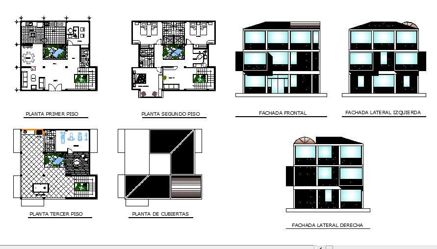 Three story house all sided elevation and floor plan cad