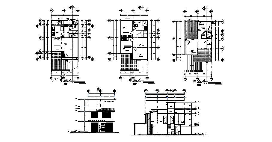 Three story house elevation, section and floor plan cad drawing details ...