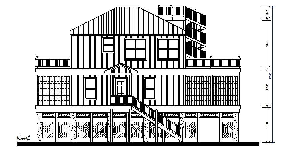 Three story residential house front elevation autocad drawing - Cadbull