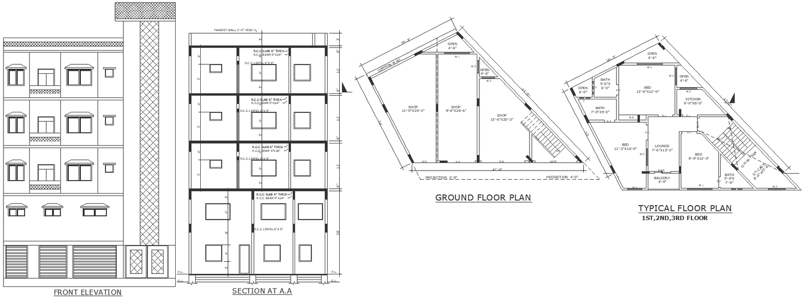 Three storey tenement design with shops on ground floor and every floor ...