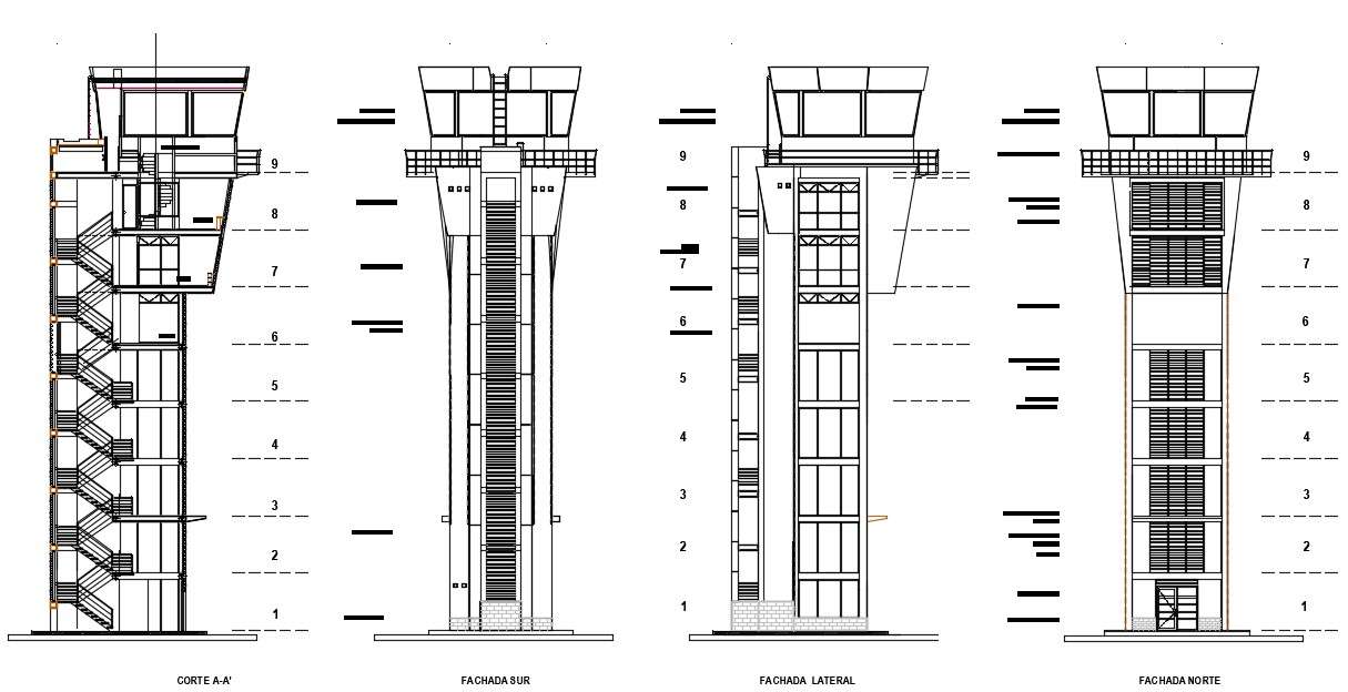 Tower elevation and section with detail dimension in autocad - Cadbull