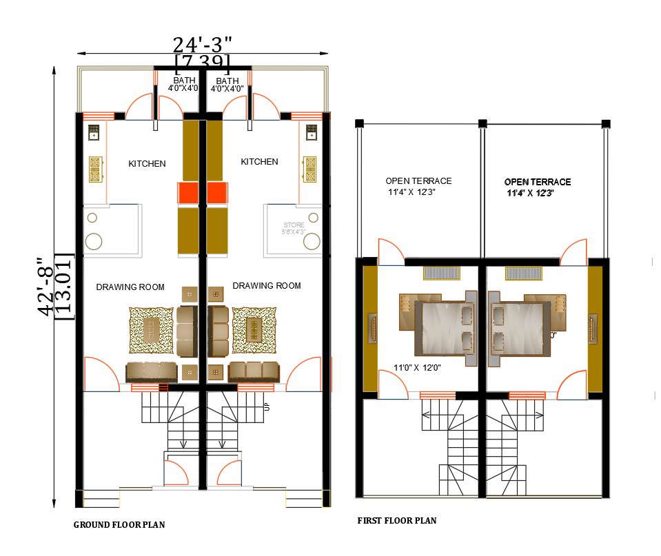 Twin House Plan Autocad Drawing Download Dwg File - Cadbull