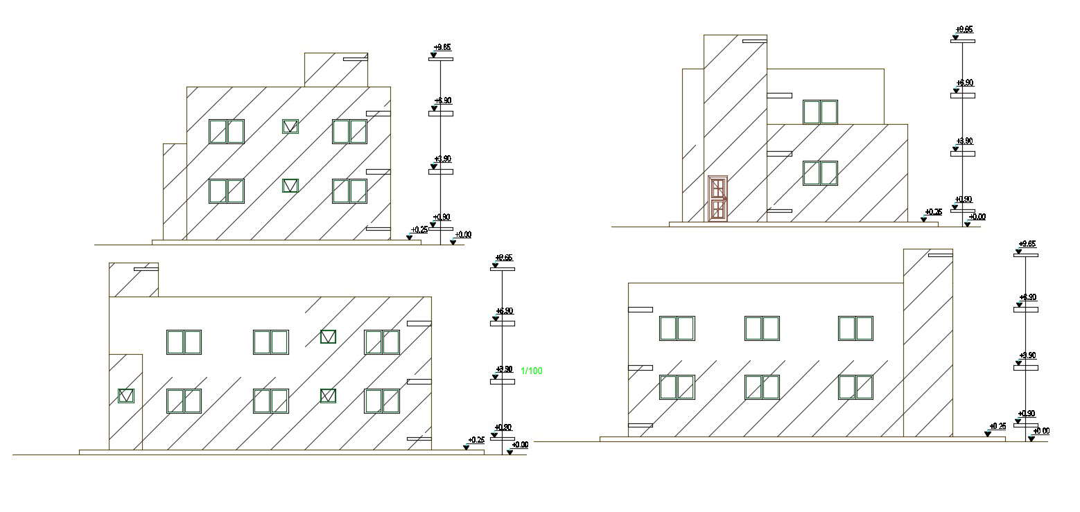 Two Story Residential Building Simple Elevation Design - Cadbull