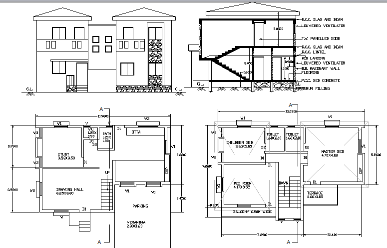 Two flooring bungalow architecture project dwg file - Cadbull