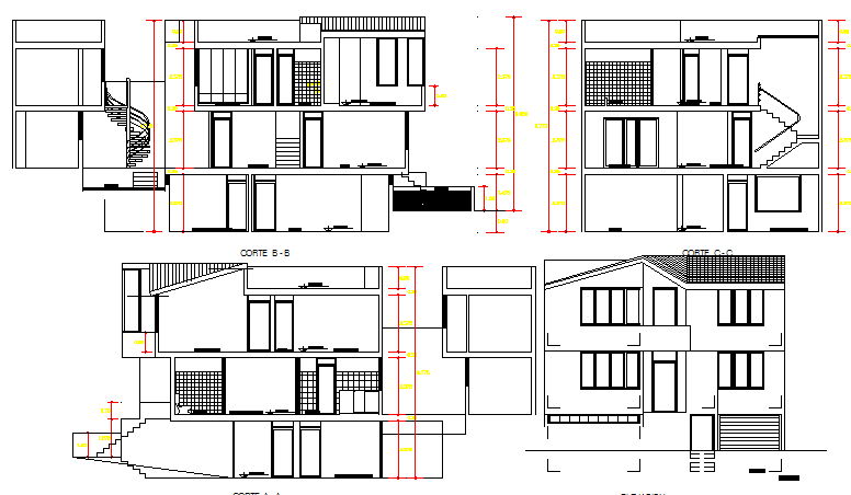 Two level house all sided elevation and section view dwg file - Cadbull