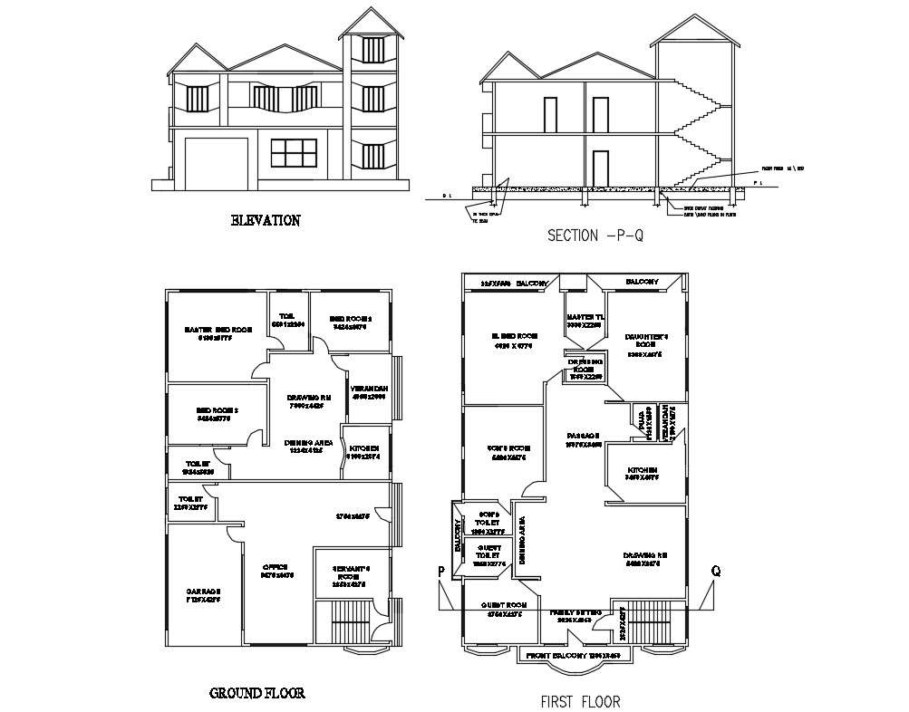 Two Level House Elevation Section Ground And First Floor Plan Details Dwg File Cadbull