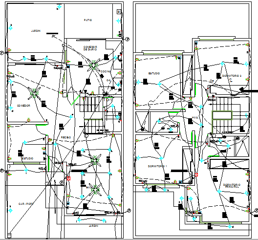 Two level housing wiring plan diagram details dwg file - Cadbull