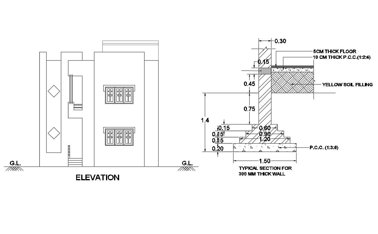 Two story house main elevation and thick wall typical section details