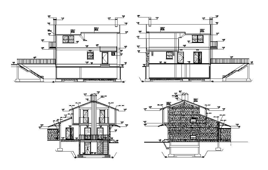 Two-story house with parking floor elevation and constructive section ...