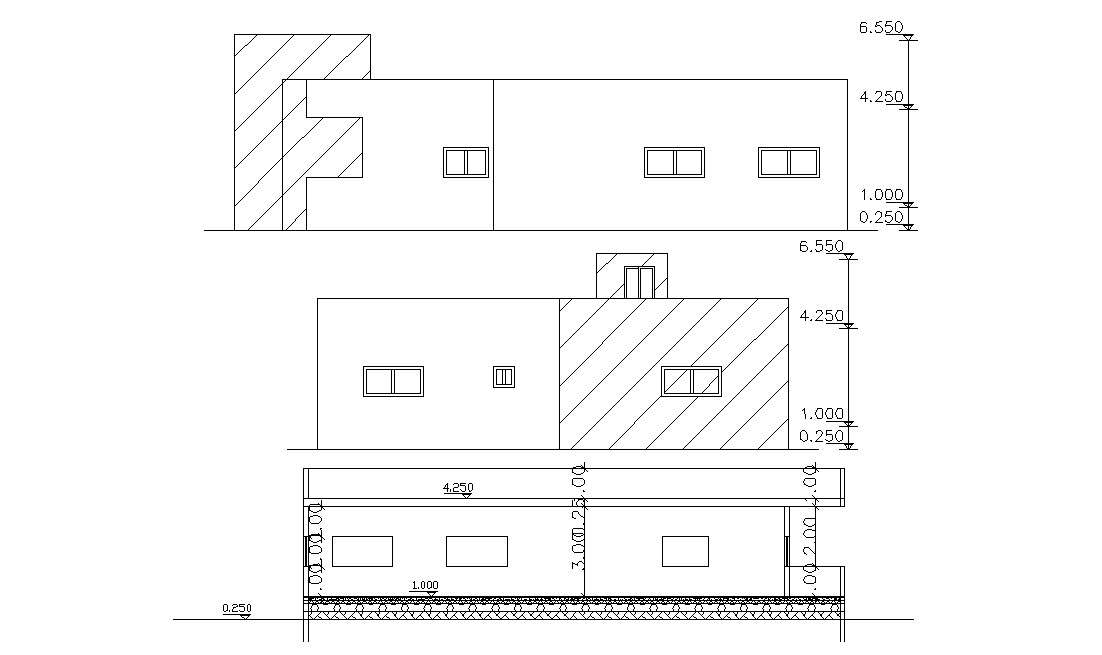 Two Elevations And Section Of House Design Autocad Drawing - Cadbull