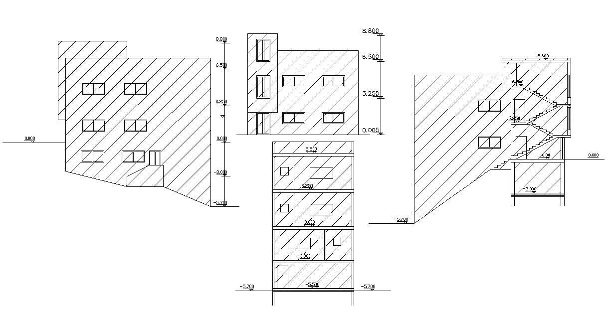 Two Elevations And Sections Of Residential Building CAD File - Cadbull