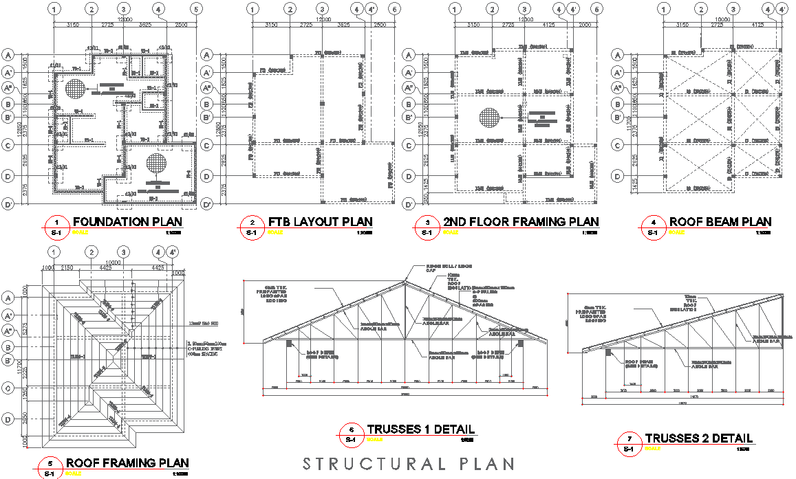 Two-Storey Residential Structural Detail with Foundation and Trusses ...