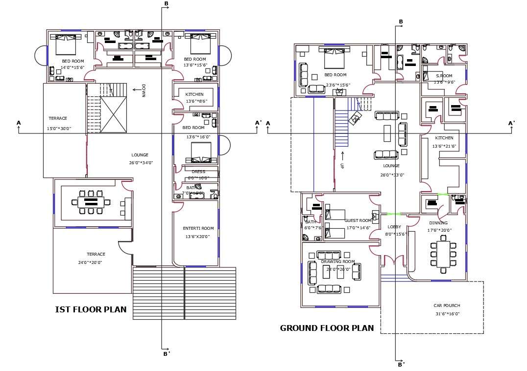Twobedroom Spacious Luxury G+1 House Floor plan AutoCAD