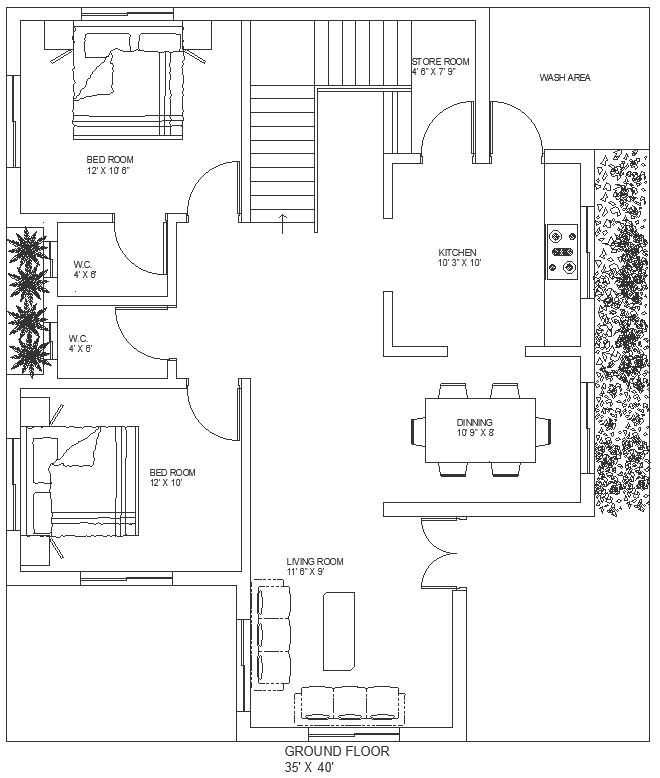 Two Bhk House Plan On Plot Of 35x40 Ft Dwg Autocad Drawing Cadbull 1828