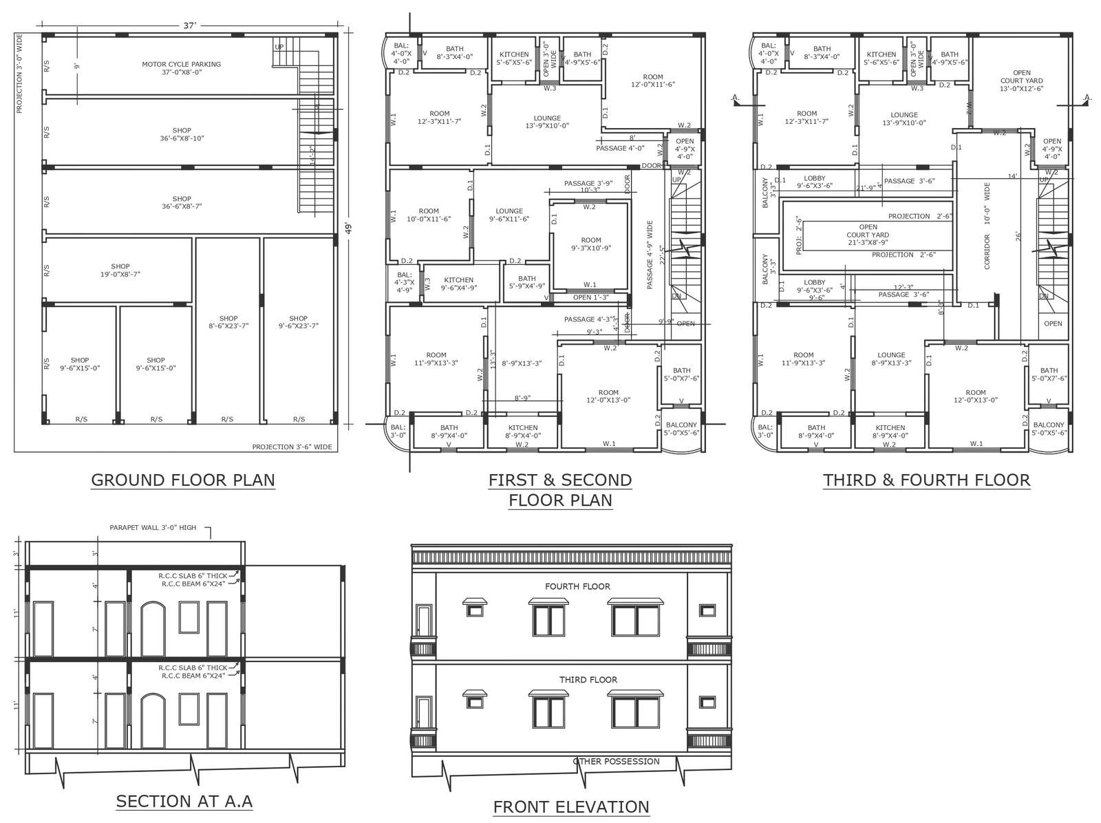 Two Bhk Low Rise Apartment Design With Three Units On Each Floor Detailed Plan Section And 1564