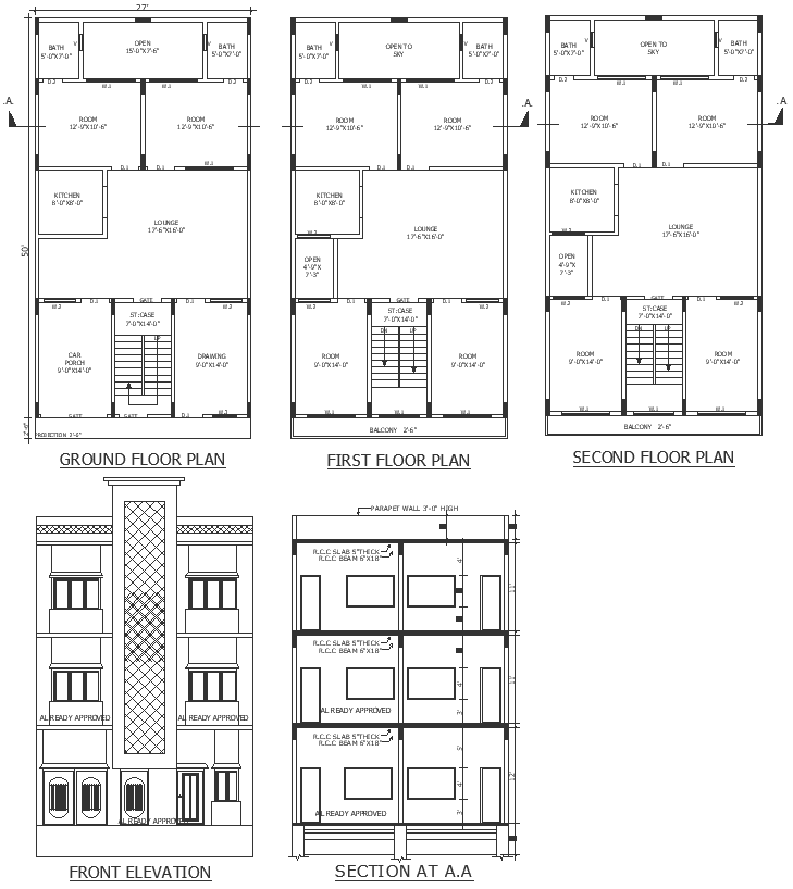 Two Storey House Plan Section And Elevation With Detail Of Rcc Slab Detail Dwg Autocad Drawing 6417