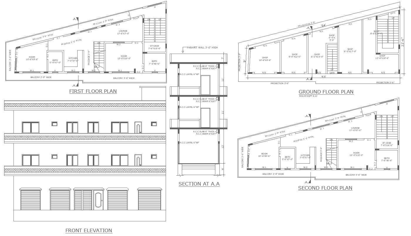 Two storey house plan with attached balcony all 3 side triangular plan ...