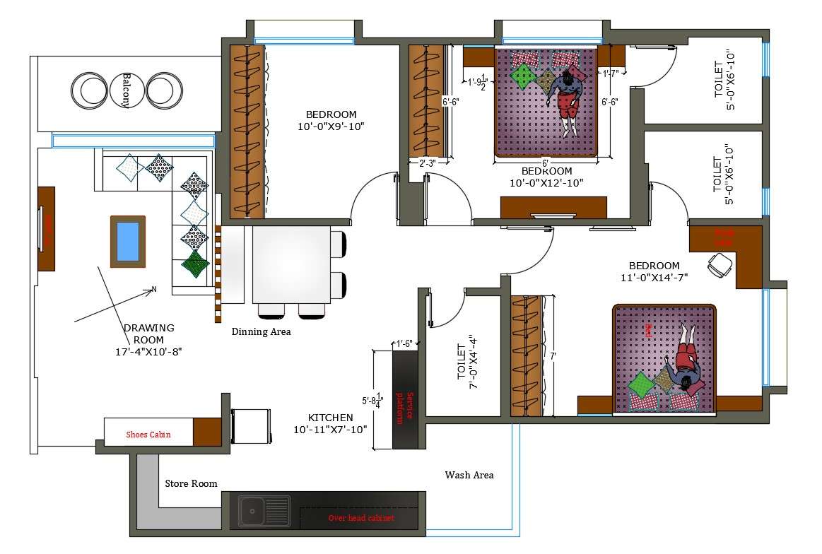 Typical Furnished 3 BHK Apartment Design Layout