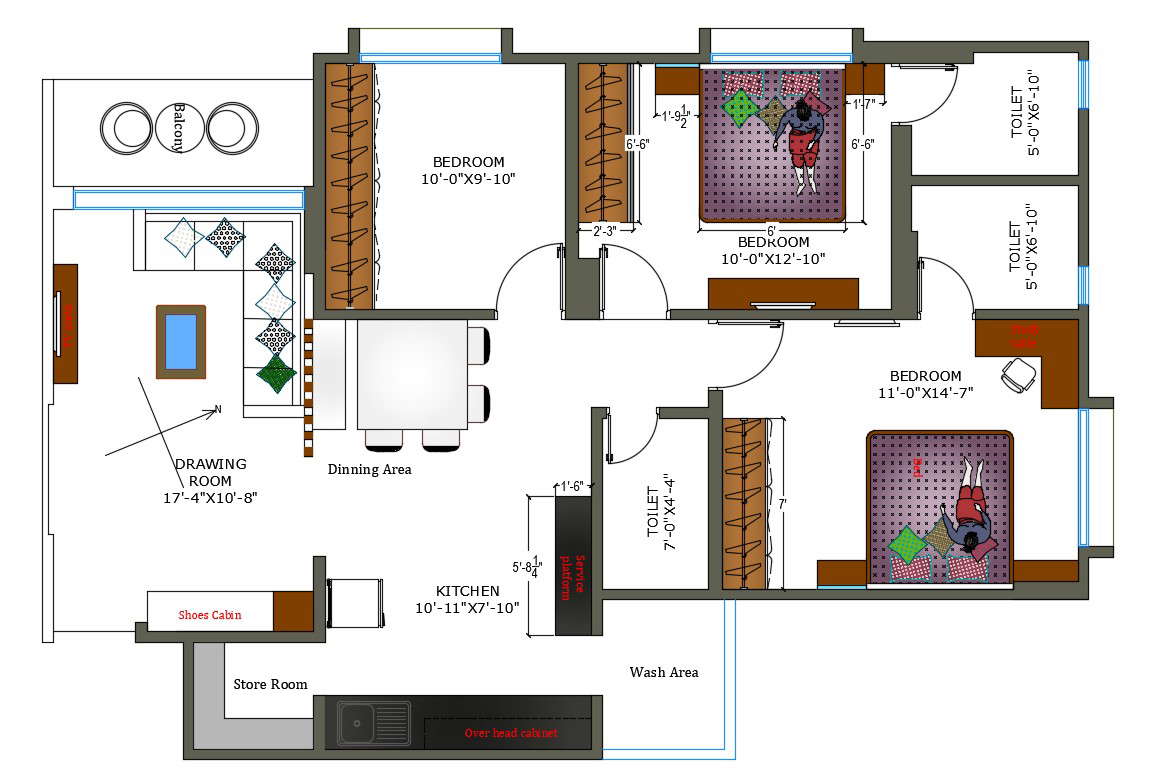 Typical Furnished 3 BHK Apartment Design Layout Architecture Plan - Cadbull