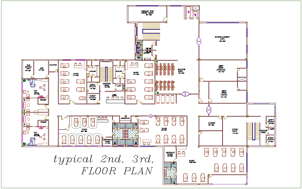 Typical second and third floor plan view of hospital dwg file - Cadbull