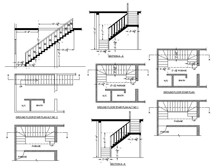 Typical stair construction 2d view CAD structural block layout file in