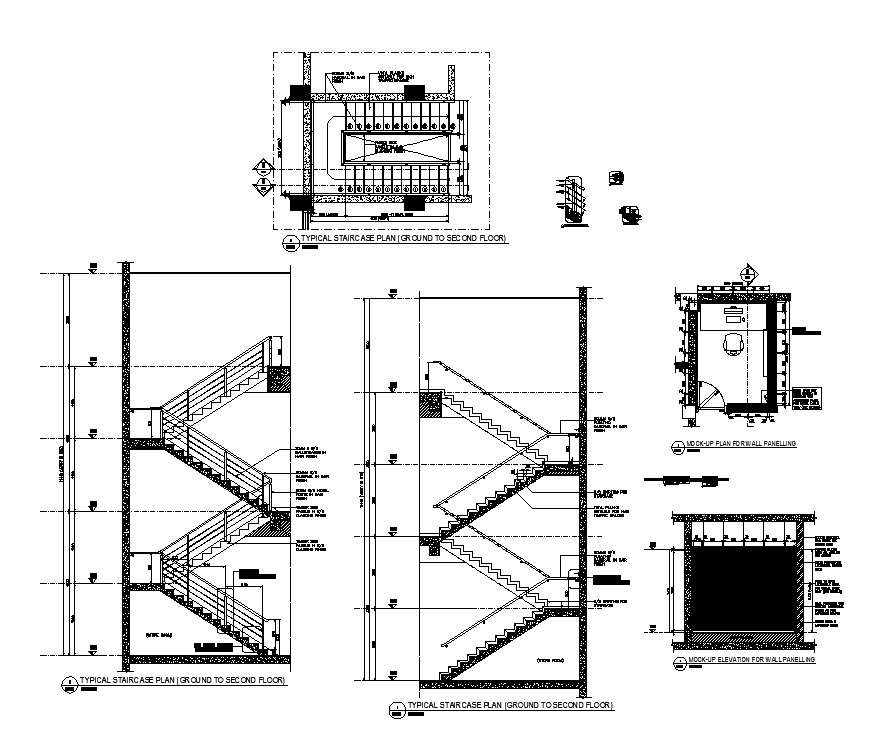 Typical staircase plan and elevation 2d view layout file Cadbull